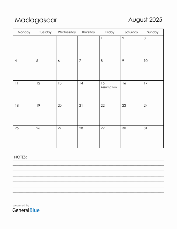 August 2025 Madagascar Calendar with Holidays (Monday Start)