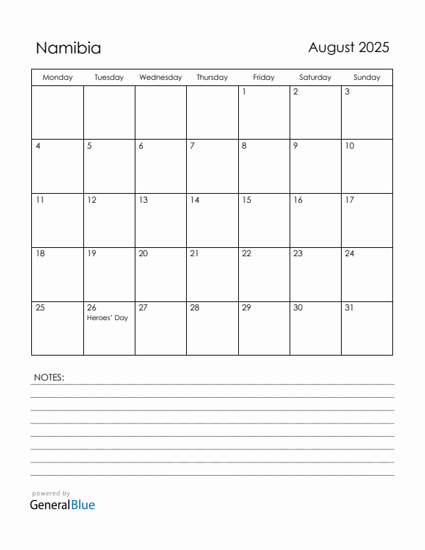 August 2025 Namibia Calendar with Holidays (Monday Start)