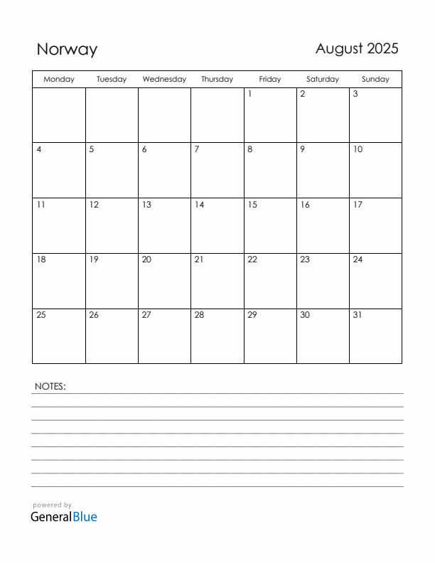 August 2025 Norway Calendar with Holidays (Monday Start)