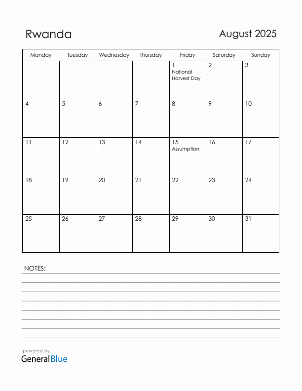 August 2025 Rwanda Calendar with Holidays (Monday Start)