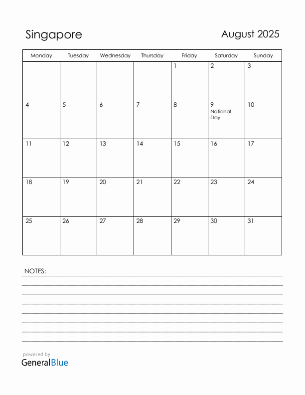 August 2025 Singapore Calendar with Holidays (Monday Start)