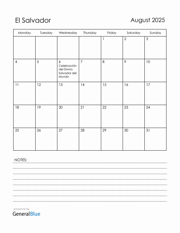 August 2025 El Salvador Calendar with Holidays (Monday Start)