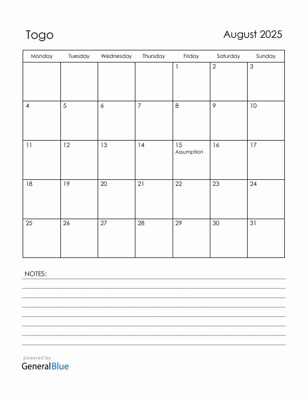 August 2025 Togo Calendar with Holidays (Monday Start)
