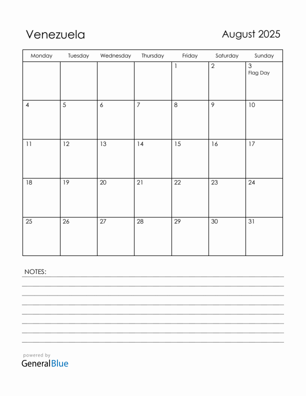August 2025 Venezuela Calendar with Holidays (Monday Start)