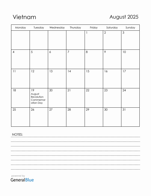 August 2025 Vietnam Calendar with Holidays (Monday Start)