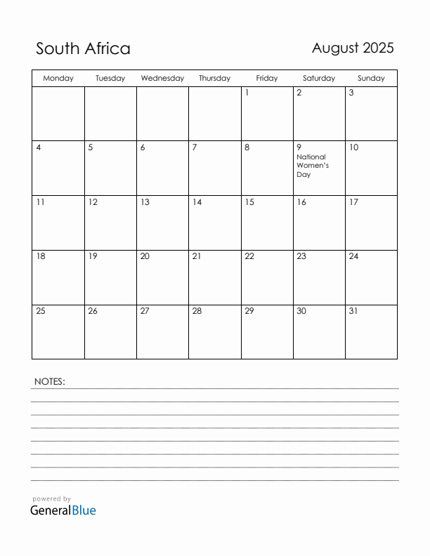 August 2025 South Africa Calendar with Holidays (Monday Start)
