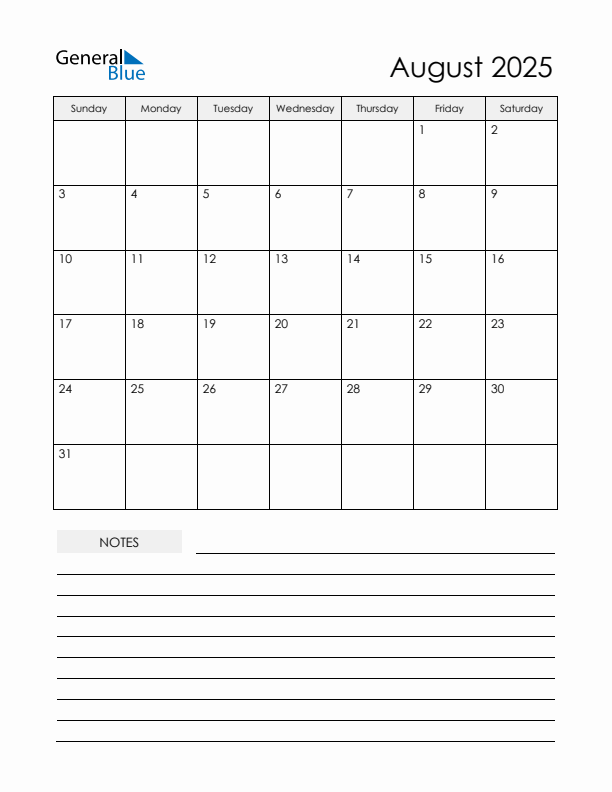 Printable Calendar with Notes - August 2025 