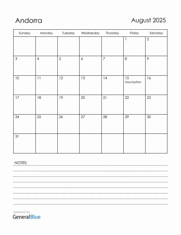 August 2025 Andorra Calendar with Holidays (Sunday Start)