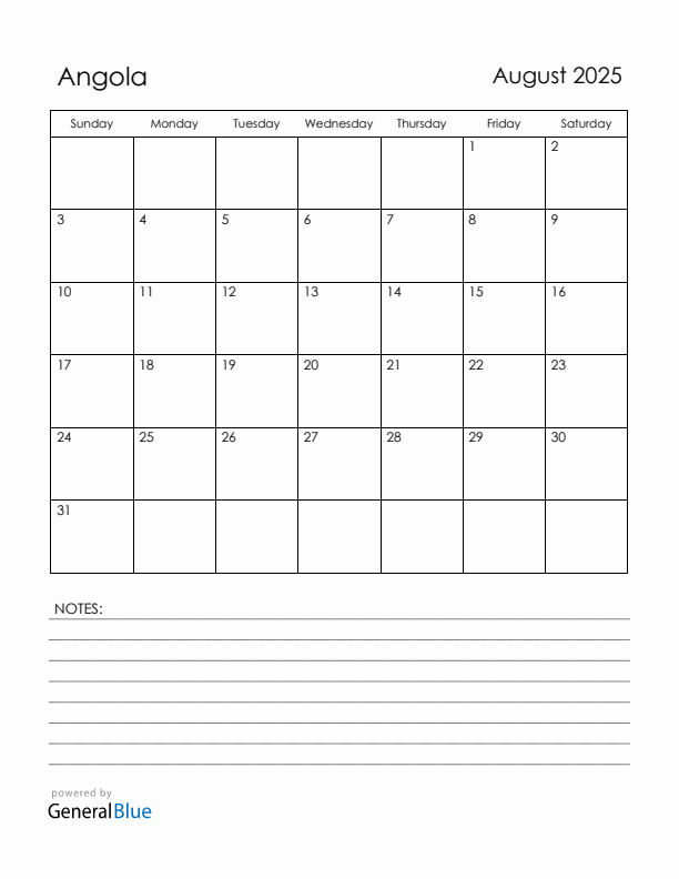 August 2025 Angola Calendar with Holidays (Sunday Start)