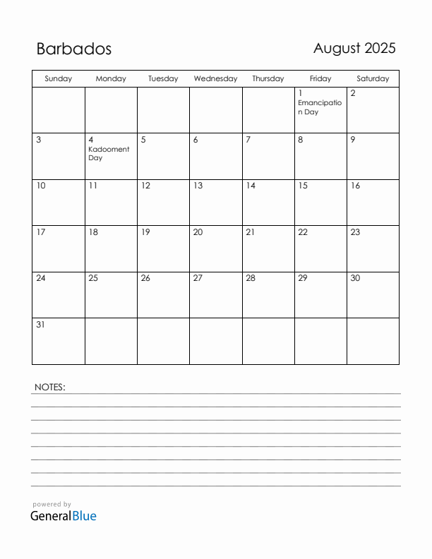 August 2025 Barbados Calendar with Holidays (Sunday Start)