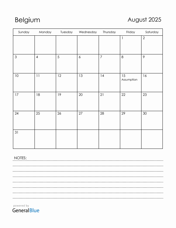 August 2025 Belgium Calendar with Holidays (Sunday Start)