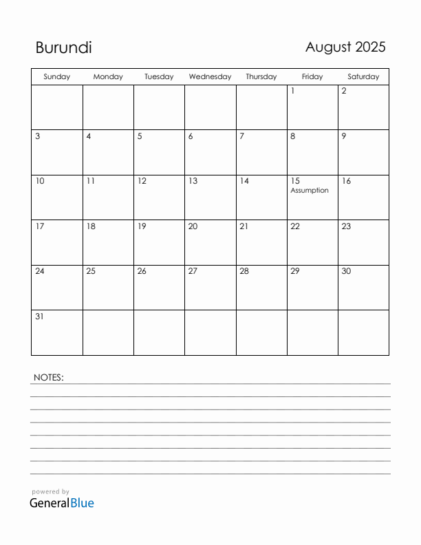 August 2025 Burundi Calendar with Holidays (Sunday Start)