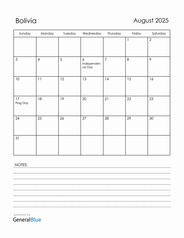 August 2025 Bolivia Calendar with Holidays (Sunday Start)