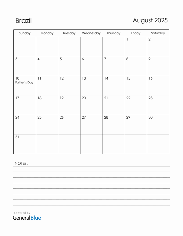 August 2025 Brazil Calendar with Holidays (Sunday Start)