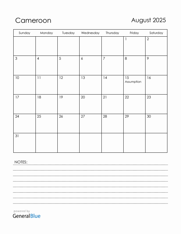August 2025 Cameroon Calendar with Holidays (Sunday Start)