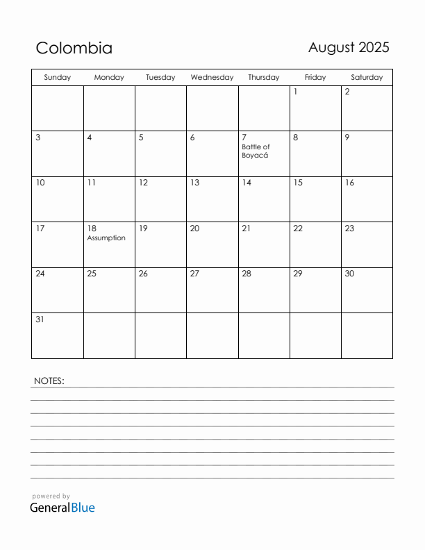 August 2025 Colombia Calendar with Holidays (Sunday Start)
