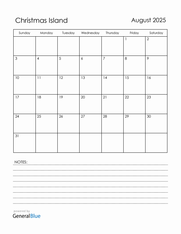 August 2025 Christmas Island Calendar with Holidays (Sunday Start)