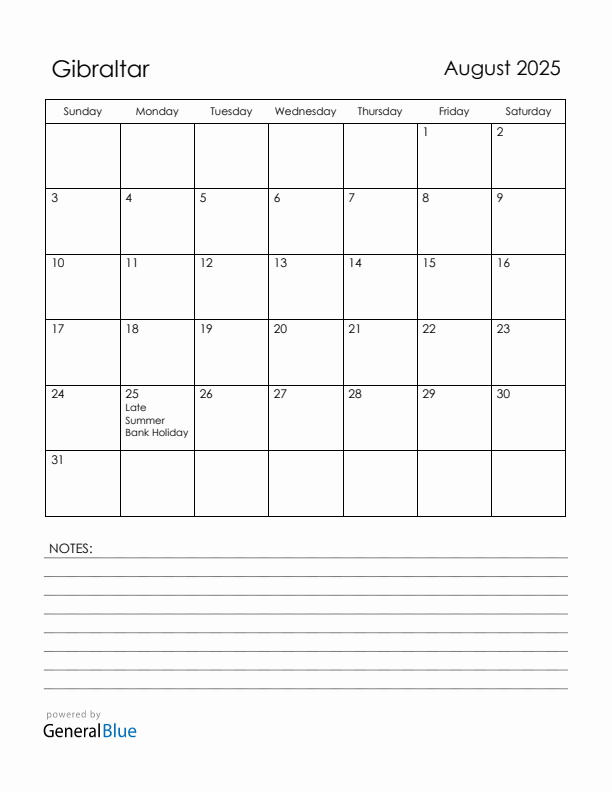 August 2025 Gibraltar Calendar with Holidays (Sunday Start)