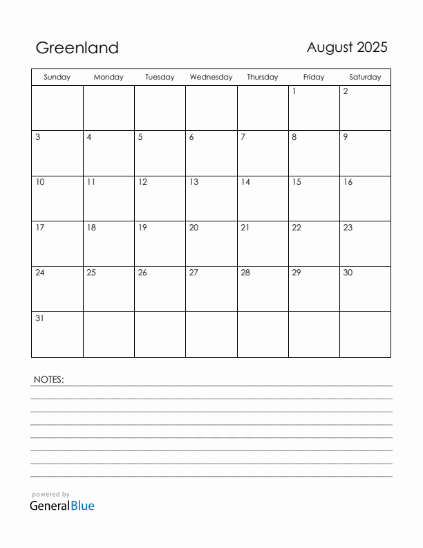 August 2025 Greenland Calendar with Holidays (Sunday Start)