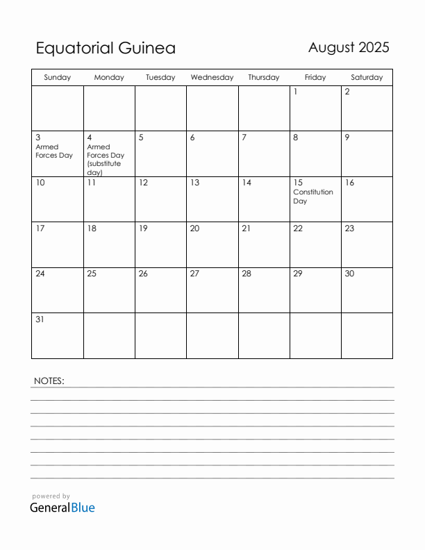 August 2025 Equatorial Guinea Calendar with Holidays (Sunday Start)