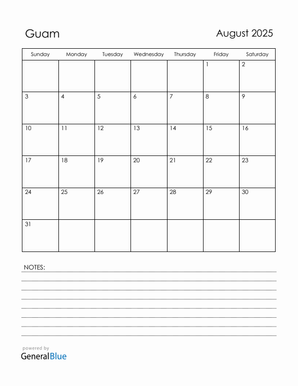 August 2025 Guam Calendar with Holidays (Sunday Start)