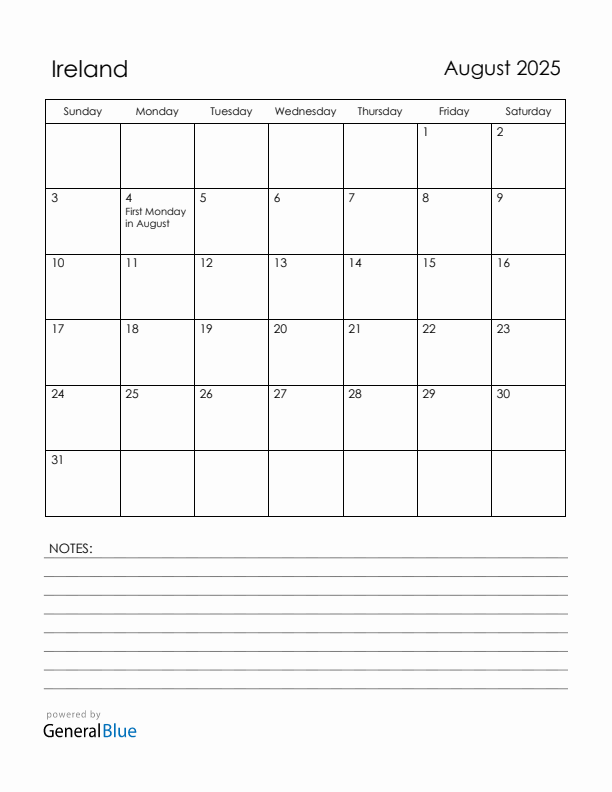August 2025 Ireland Calendar with Holidays (Sunday Start)