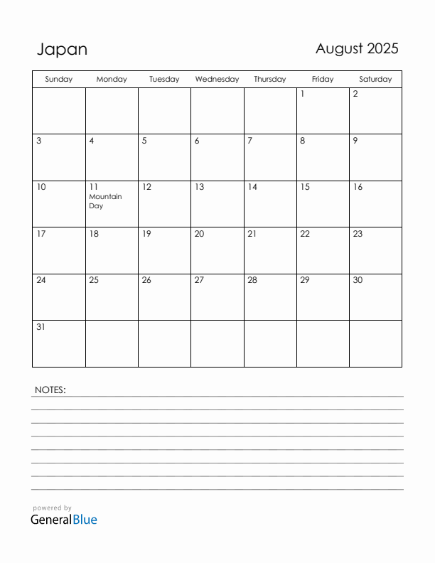 August 2025 Japan Calendar with Holidays (Sunday Start)