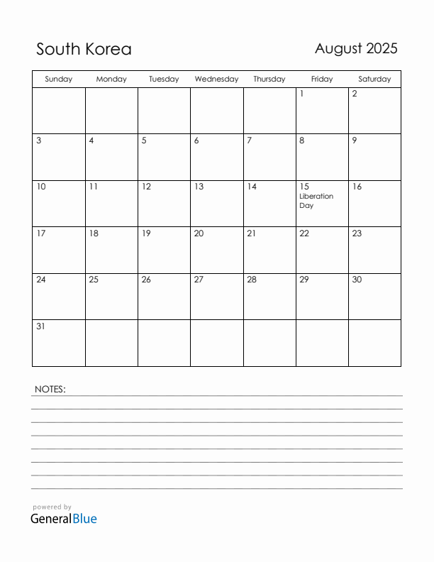 August 2025 South Korea Calendar with Holidays (Sunday Start)