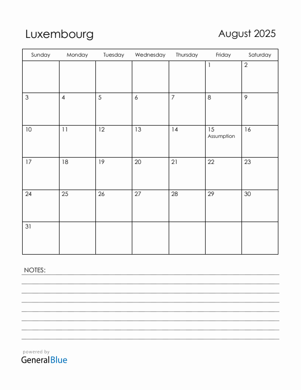 August 2025 Luxembourg Calendar with Holidays (Sunday Start)