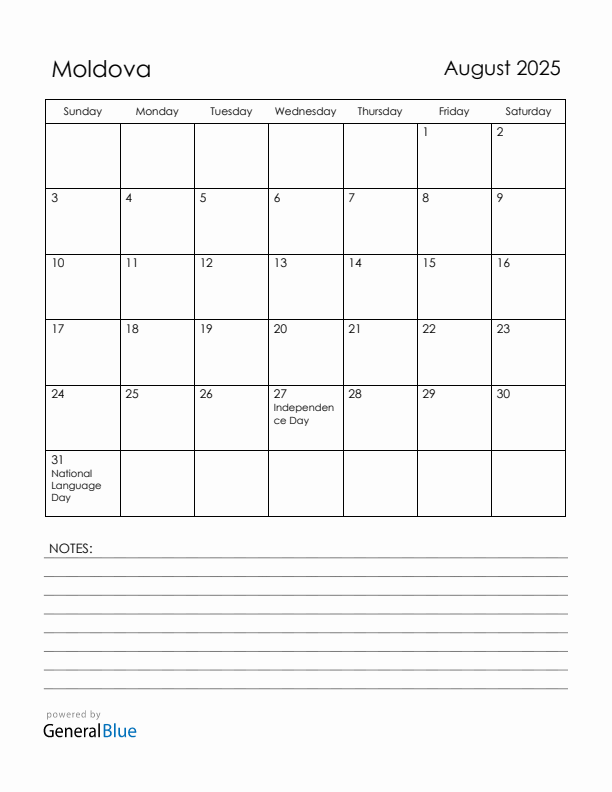 August 2025 Moldova Calendar with Holidays (Sunday Start)