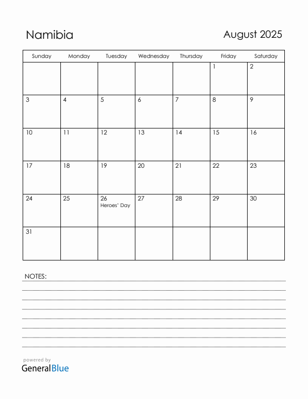 August 2025 Namibia Calendar with Holidays (Sunday Start)