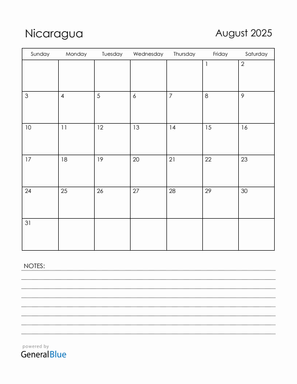 August 2025 Nicaragua Calendar with Holidays (Sunday Start)