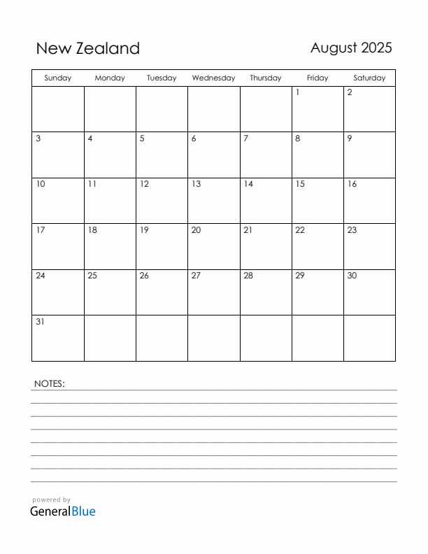 August 2025 New Zealand Calendar with Holidays (Sunday Start)