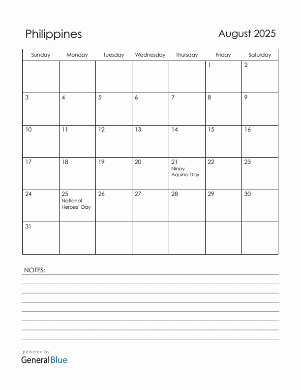 August 2025 Philippines Calendar with Holidays (Sunday Start)