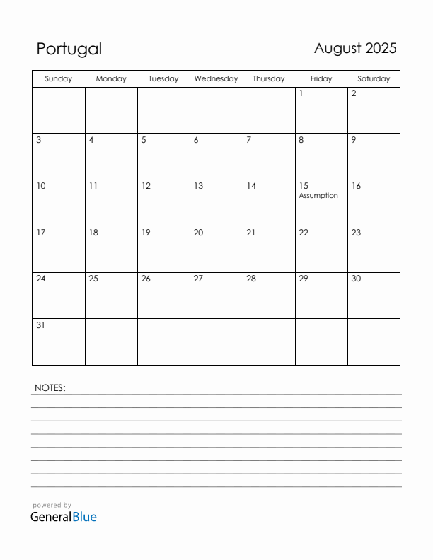 August 2025 Portugal Calendar with Holidays (Sunday Start)