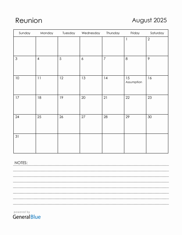 August 2025 Reunion Calendar with Holidays (Sunday Start)