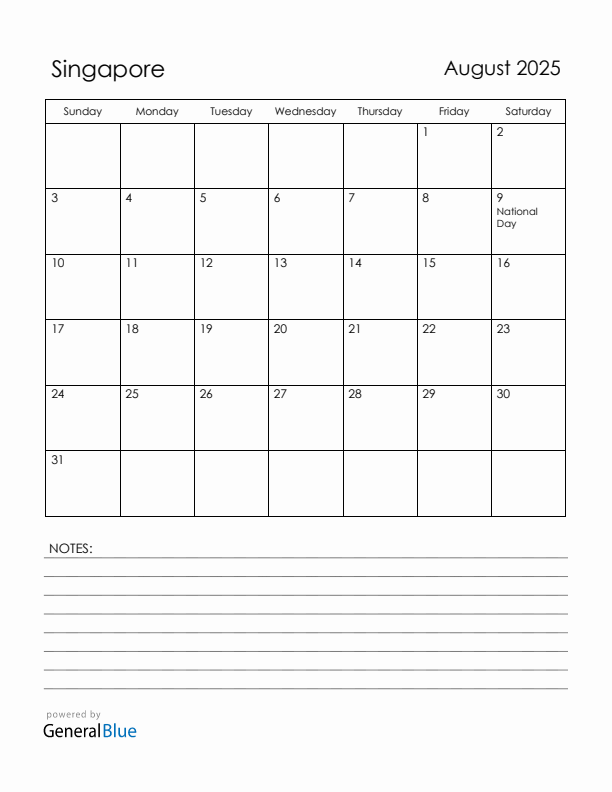 August 2025 Singapore Calendar with Holidays (Sunday Start)