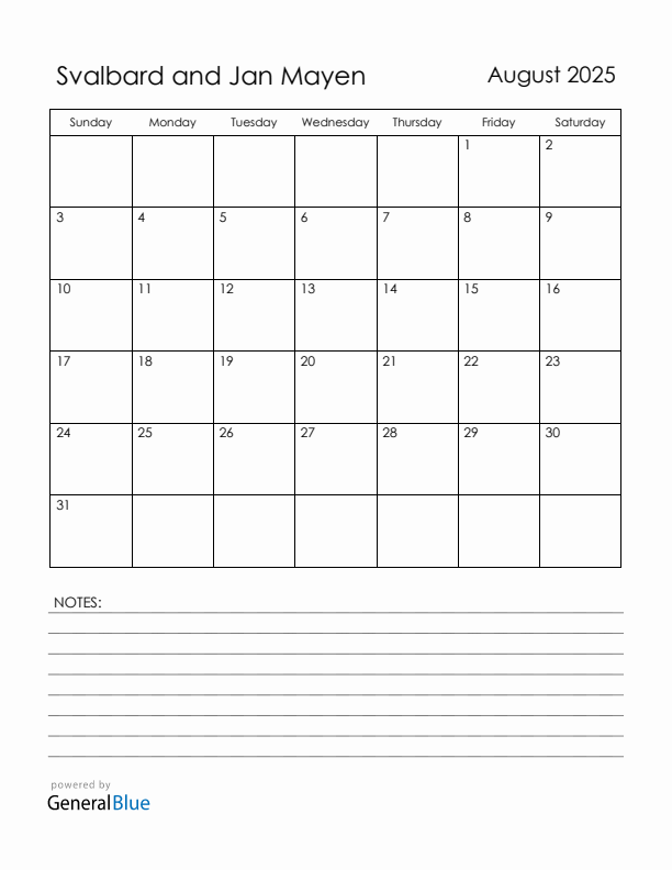 August 2025 Svalbard and Jan Mayen Calendar with Holidays (Sunday Start)