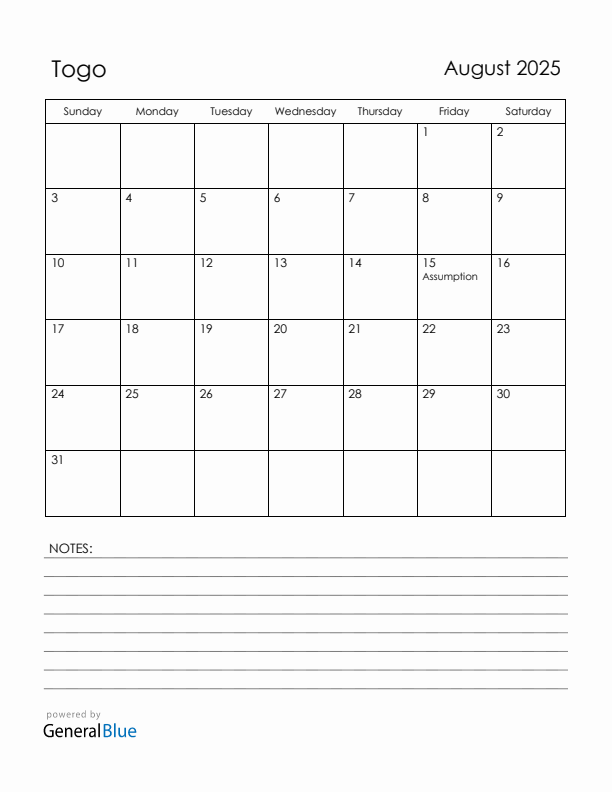 August 2025 Togo Calendar with Holidays (Sunday Start)