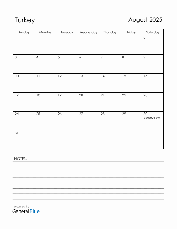 August 2025 Turkey Calendar with Holidays (Sunday Start)