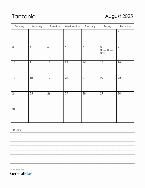 August 2025 Tanzania Calendar with Holidays (Sunday Start)