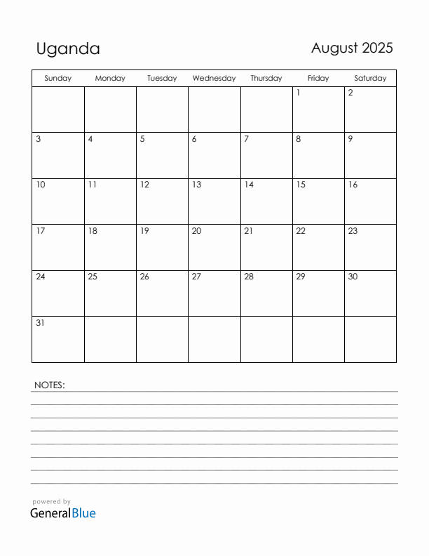 August 2025 Uganda Calendar with Holidays (Sunday Start)