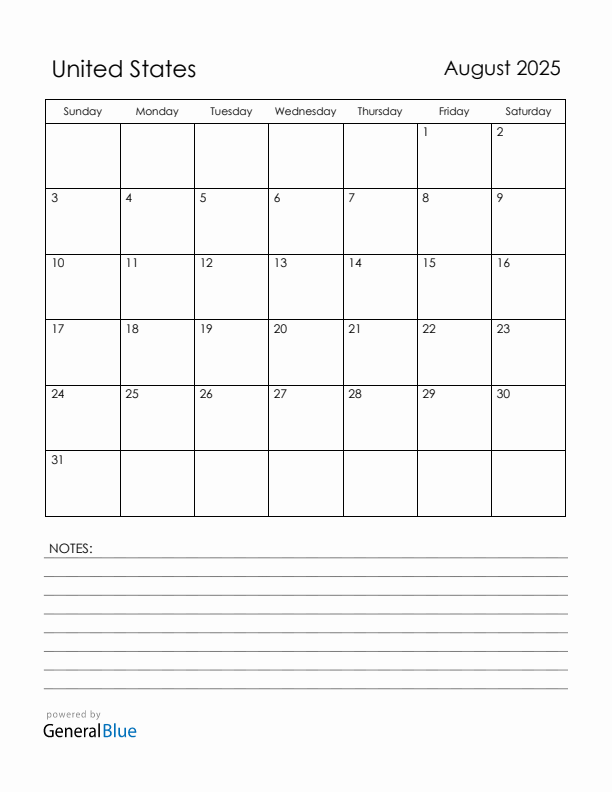 August 2025 United States Calendar with Holidays (Sunday Start)