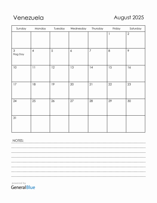 August 2025 Venezuela Calendar with Holidays (Sunday Start)