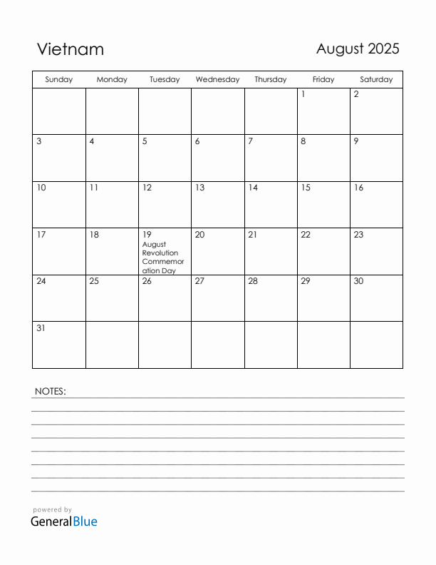 August 2025 Vietnam Calendar with Holidays (Sunday Start)