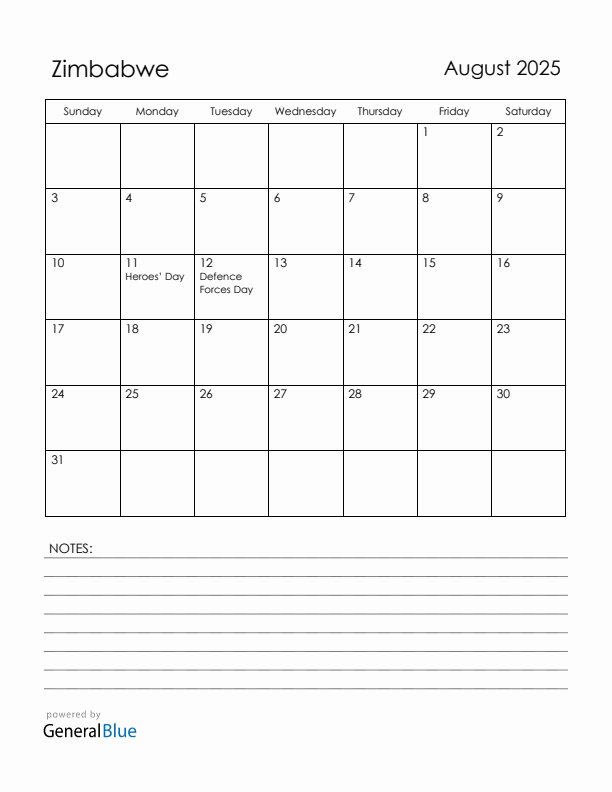 August 2025 Zimbabwe Calendar with Holidays (Sunday Start)