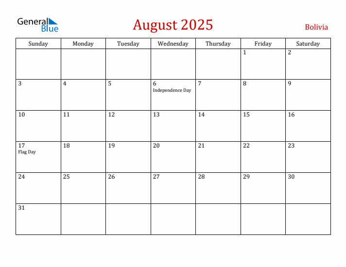 Bolivia August 2025 Calendar - Sunday Start