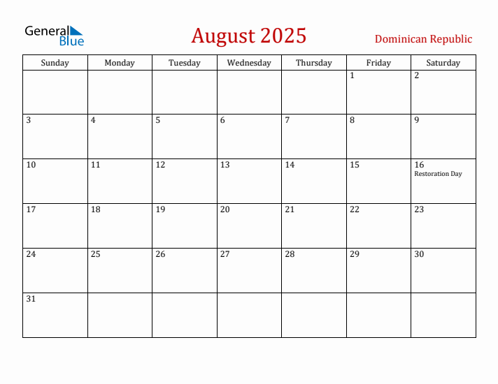 Dominican Republic August 2025 Calendar - Sunday Start