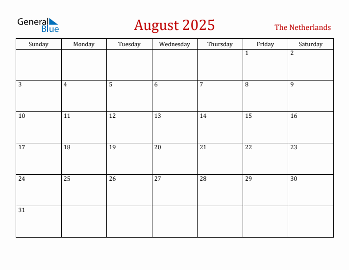 The Netherlands August 2025 Calendar - Sunday Start