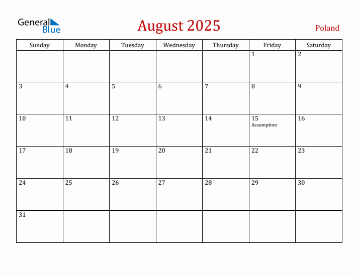 Poland August 2025 Calendar - Sunday Start